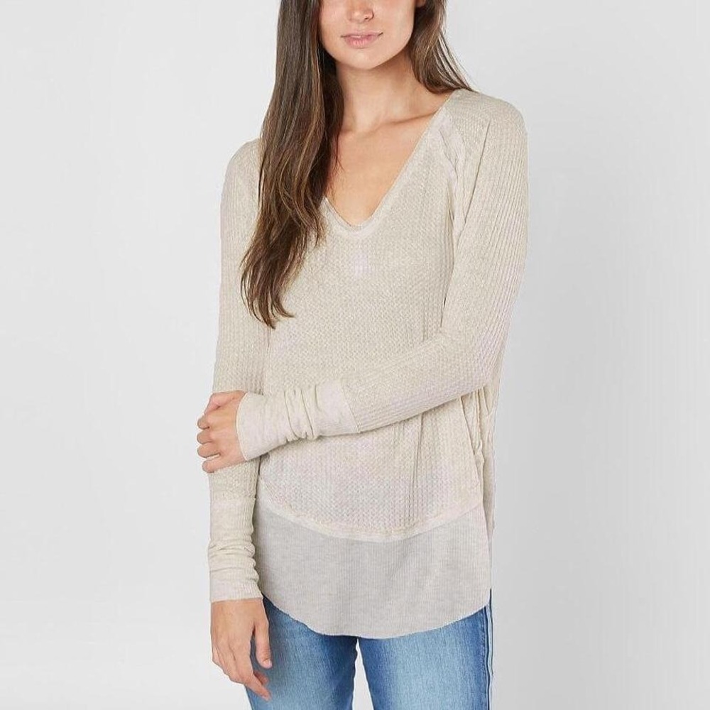 Free People Catalina Beige Waffle Knit VNeck Thermal Top Tunic Raw Seam Relaxedβ